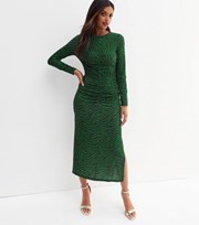 New Look Green Zebra Print Long Sleeve Ruched Front Midi Dress